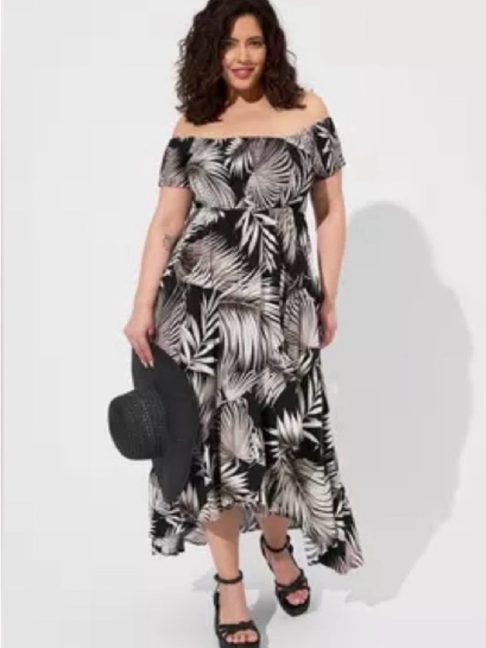 NWT Torrid Off-Shoulder Palm-Print High-Low Dress